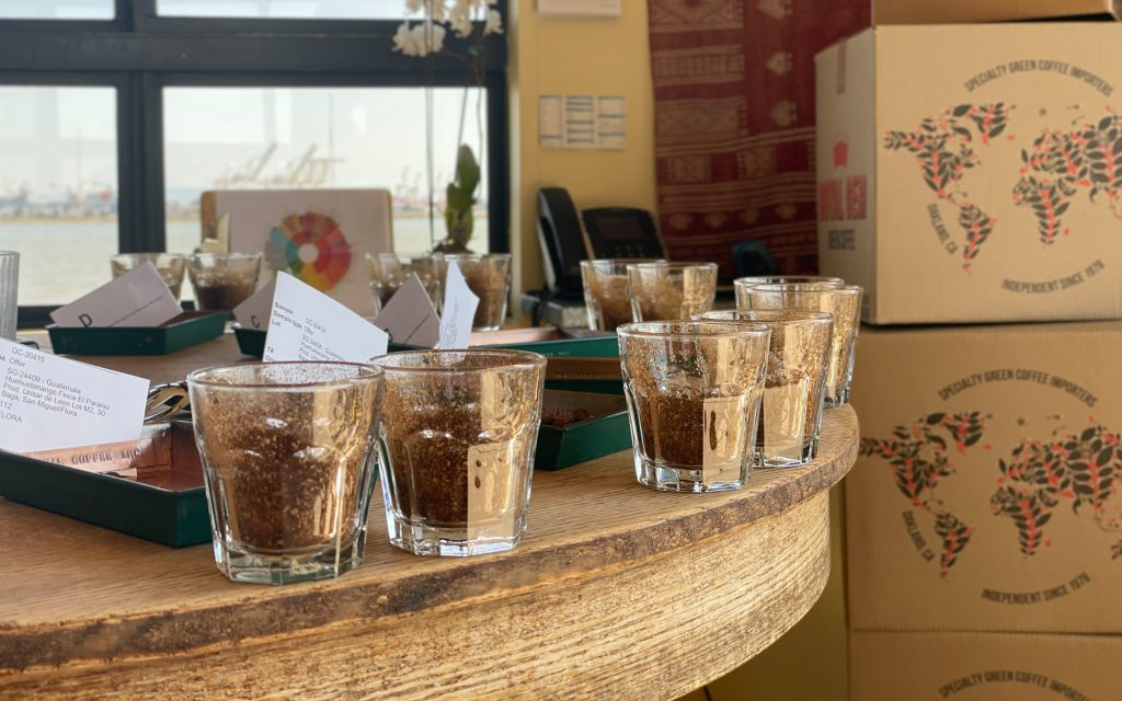 Ground coffee in glasses as part of a cupping session at the Crown: Royal Coffee Lab & Tasting Room.
